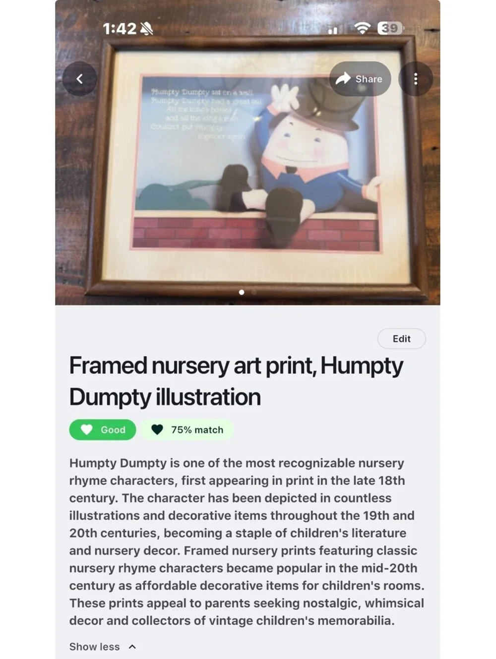 Framed Nursery Art Print Humpty Dumpty Illustration